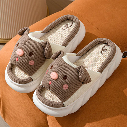 Waffle Textured Embroidered Pig Linen House Slippers