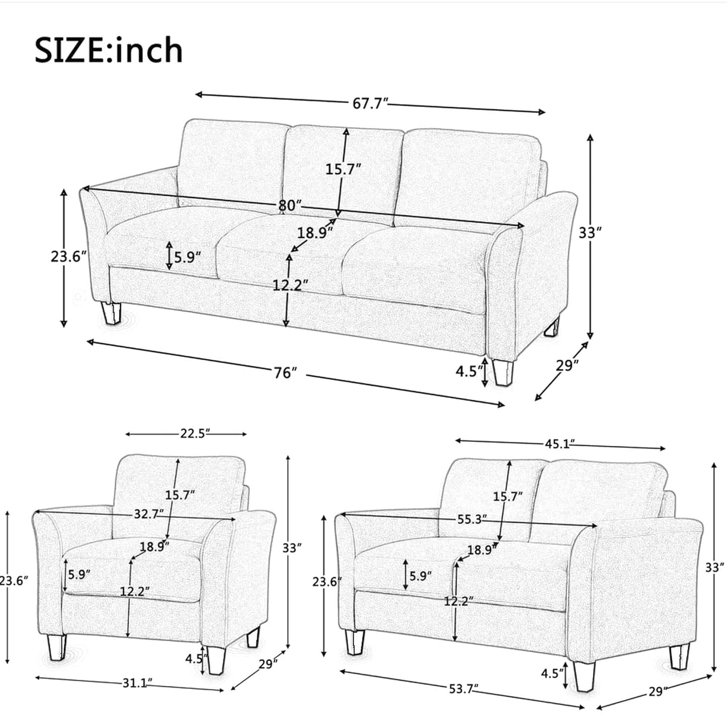 3 Piece Living Room Sofa Set, Upholstered Sectional Couch, One Three-Seat Chair & Loveseat and Armchair (Cement Gray) Furniture Home & Kitchen Living Room Furniture Living Room Sets