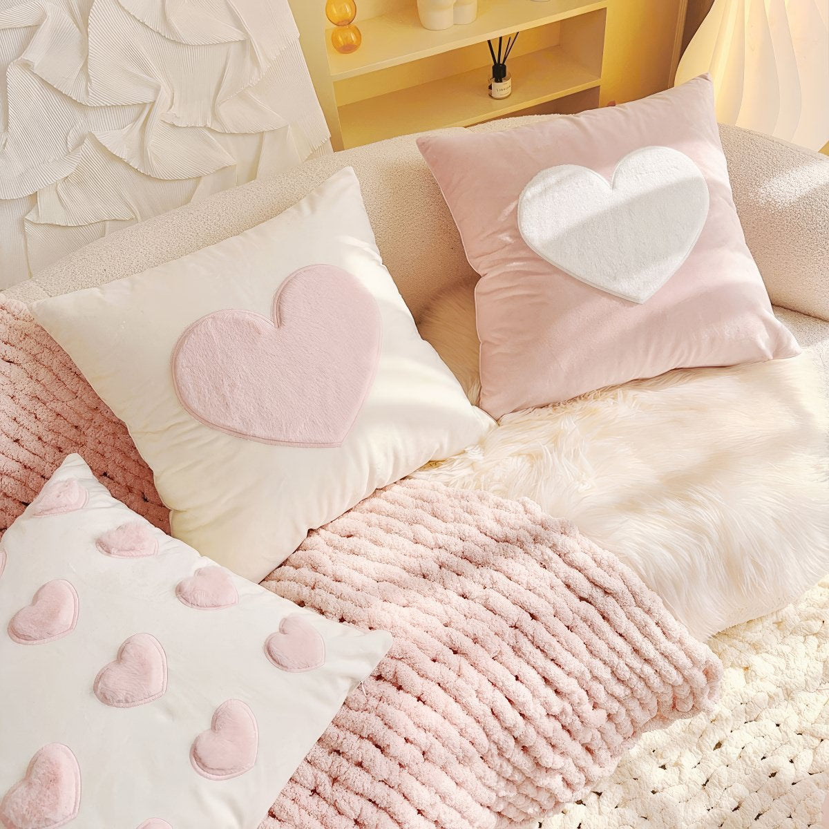 Pink Plush Hearts Cushion Cover