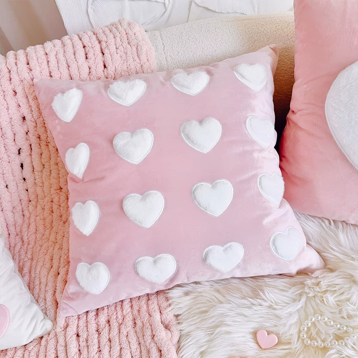 Pink Plush Hearts Cushion Cover