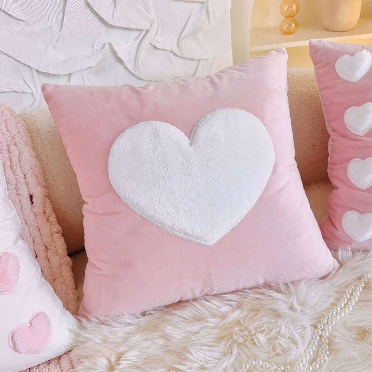 Pink Plush Hearts Cushion Cover