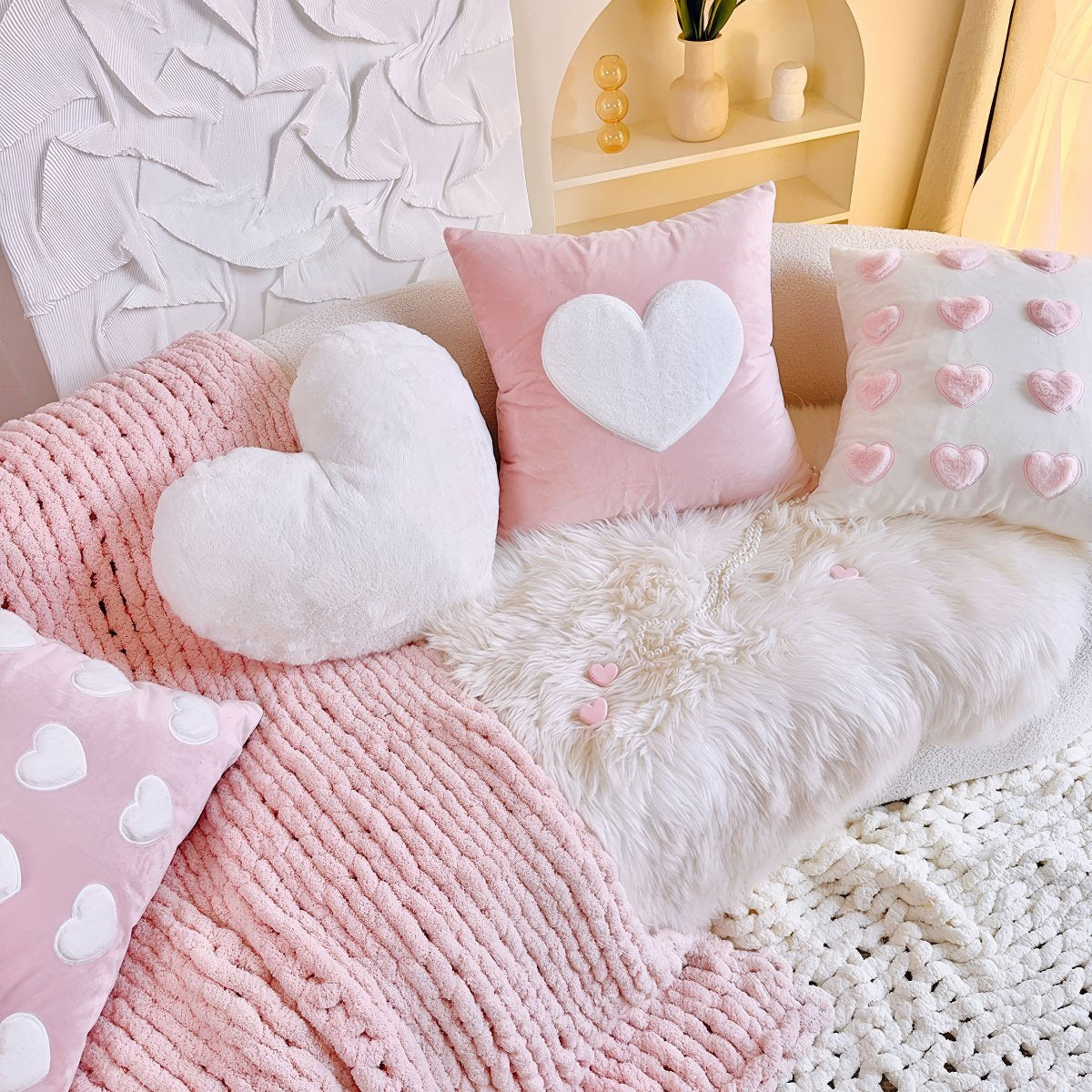 Pink Plush Hearts Cushion Cover