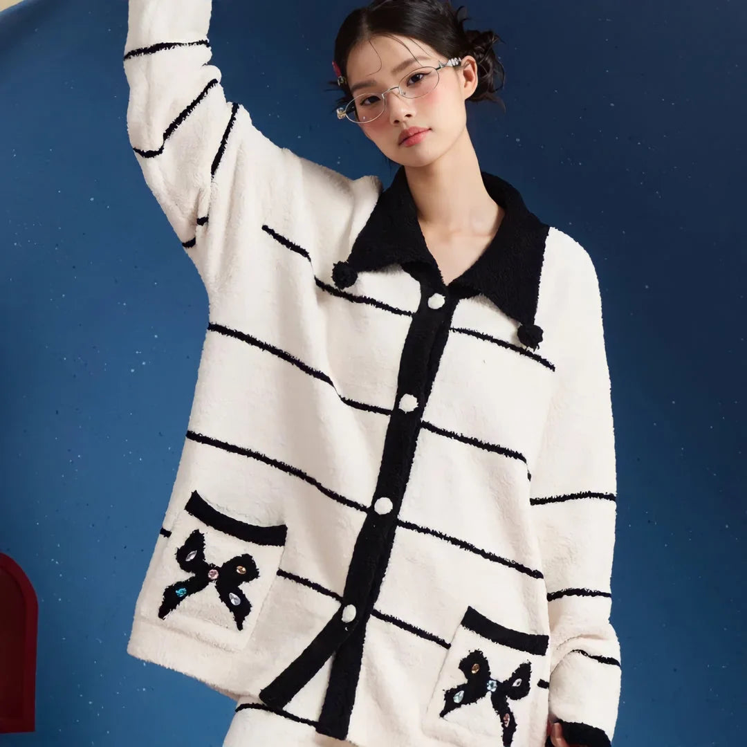 Plush Striped Fleece Pajama Set with Bow Detail