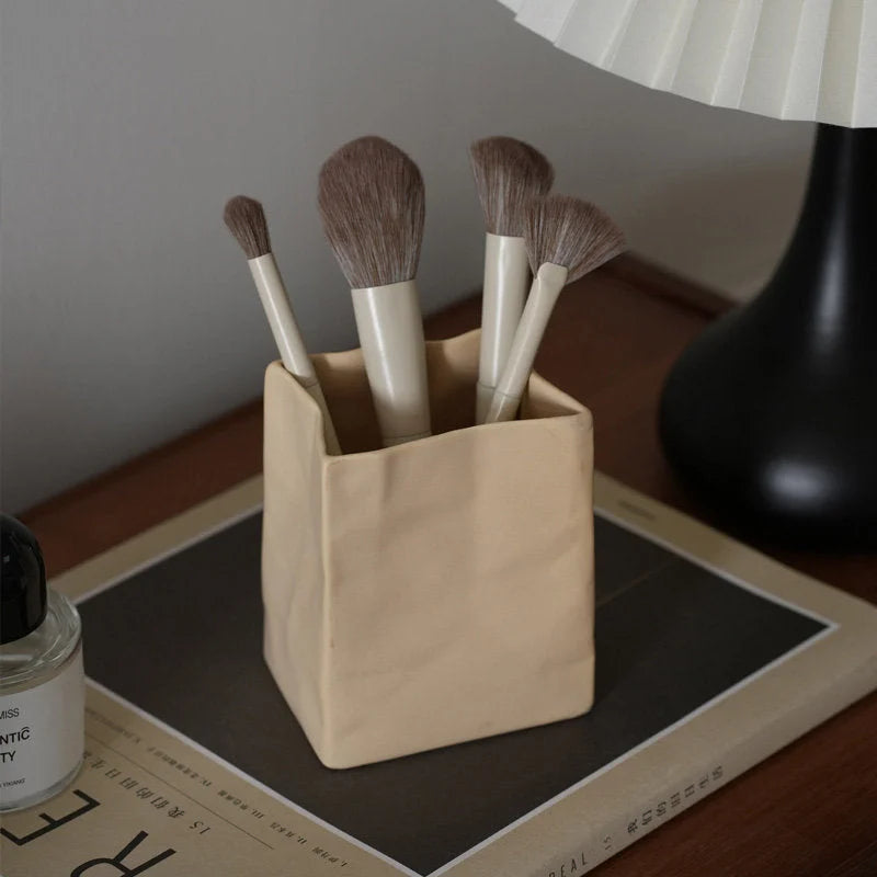 Textured Crumpled Paper Bag Ceramic Desktop Organizer