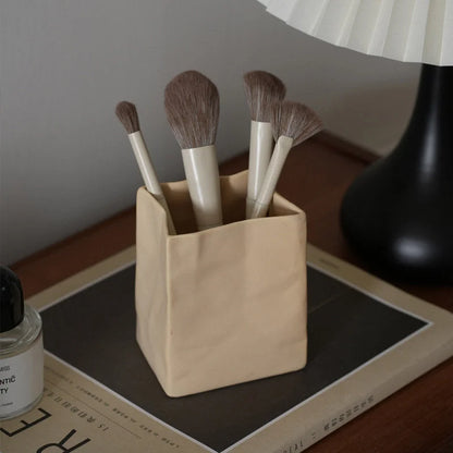 Textured Crumpled Paper Bag Ceramic Desktop Organizer