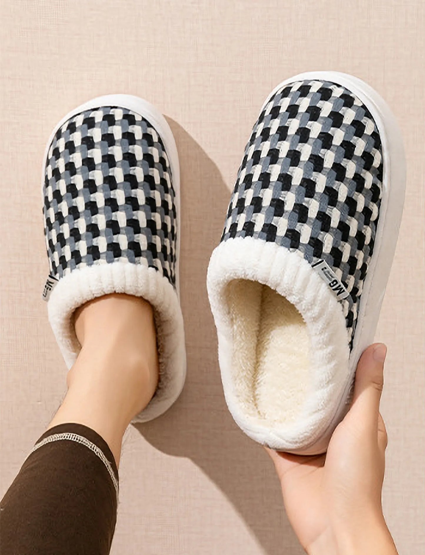 Fuzzy Woven Gingham Plush House Slippers
