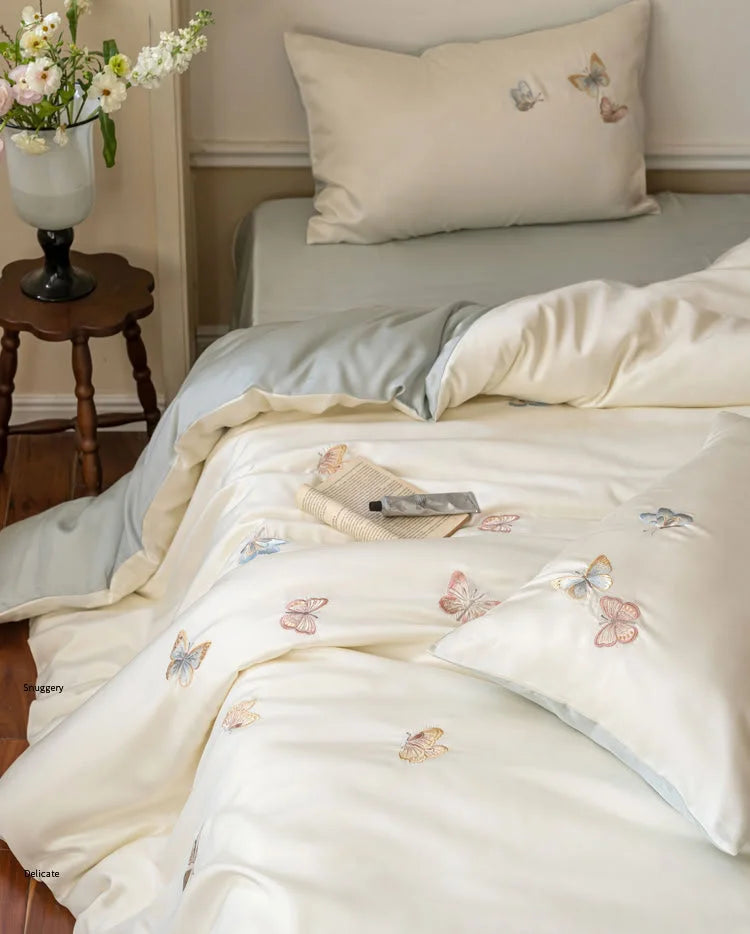 Silky Butterfly Embroidered Tencel Bedding Set