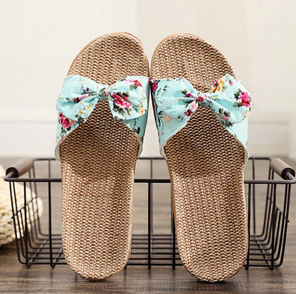 Woven Floral Bow Linen House Slippers