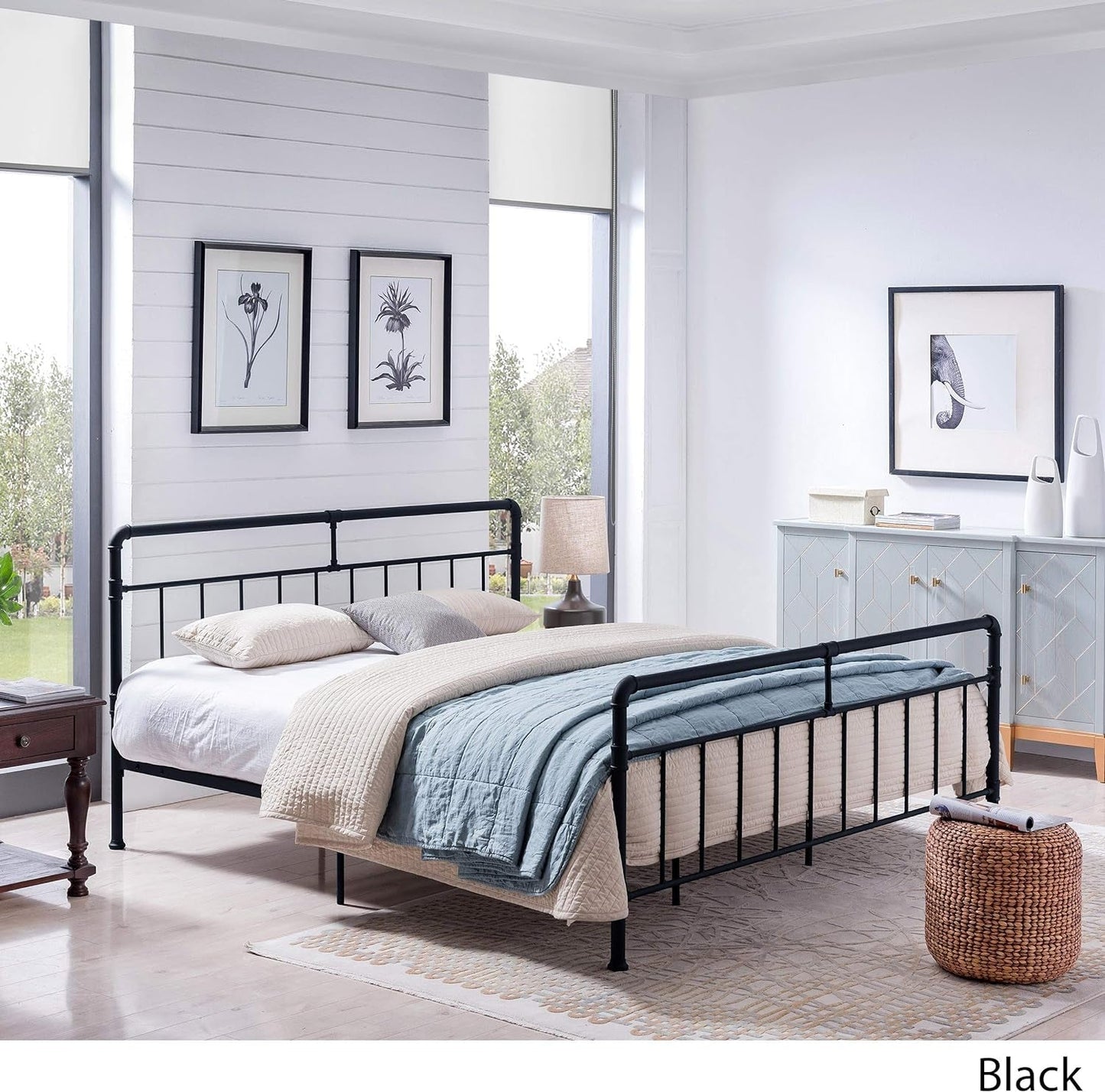 Christopher Knight Home Sally King-Size Iron Bed Frame, Minimal, Industrial, Flat Black Bedroom Furniture Beds Frames & Bases Furniture Home & Kitchen