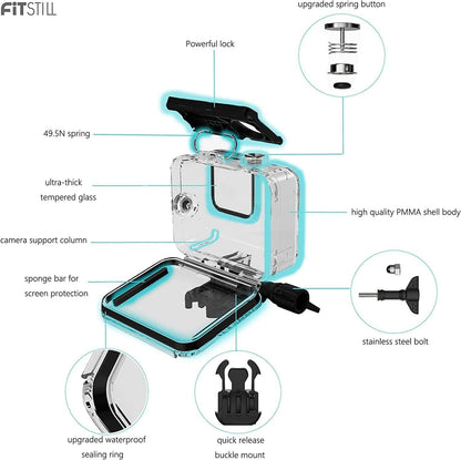 Fitstill 60M/196FT Waterproof Case for Go Pro Hero12 Black/Hero11 Black/Hero10 Black/Hero9 Black,Protective Underwater Diving Housing Shell with Accessories for Hero12/11/10/9 Black Action Camera Camera & Photo Electronics Housings Underwater Photography