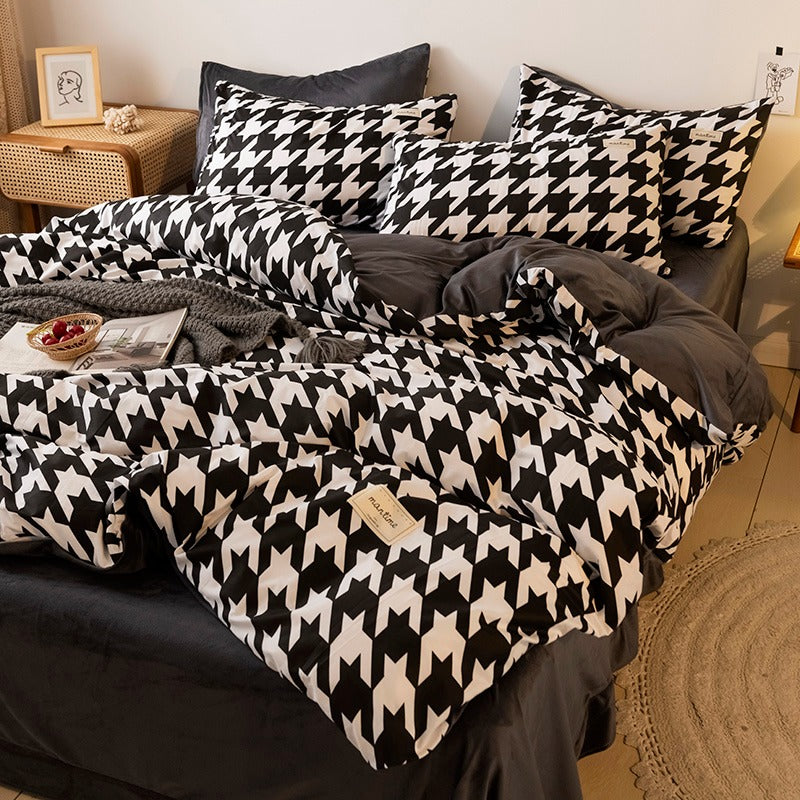 Dogtooth Check Bedding Set bed sheet bedsheets black and white checked SUB CATEGORY_Bedding Sets