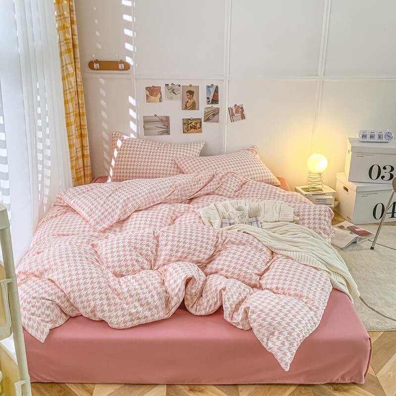 Dogtooth Check Korean Bedding Set 2.0 bed sheet bedsheets kawaii bedding korean bedding pastel bedding