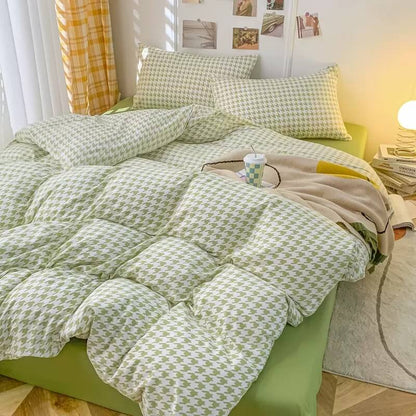 Dogtooth Check Korean Bedding Set 2.0 bed sheet bedsheets kawaii bedding korean bedding pastel bedding