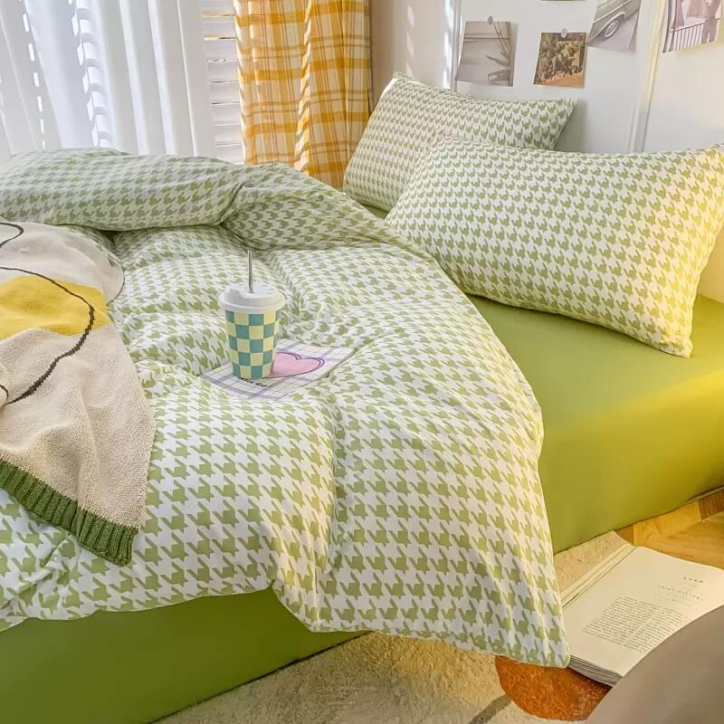 Dogtooth Check Korean Bedding Set 2.0 bed sheet bedsheets kawaii bedding korean bedding pastel bedding