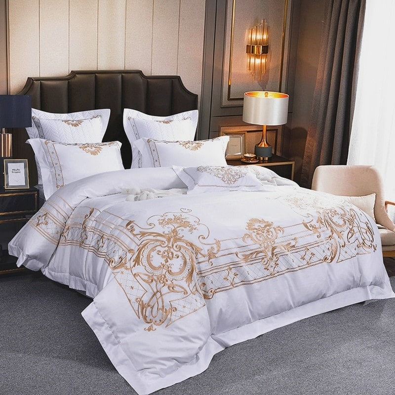 DeLuxxe White Embroidered Luxury Egyptian Cotton Bedding Set