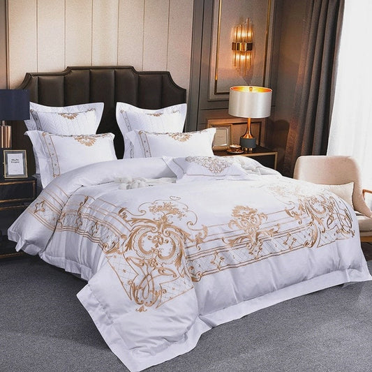 DeLuxxe White Embroidered Luxury Egyptian Cotton Bedding Set