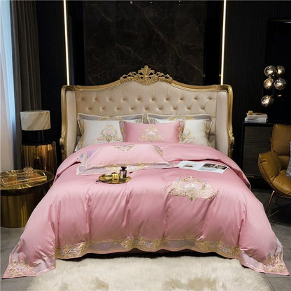 Pheliza Pink Petal Embroidered Egyptian Cotton Bedding Set