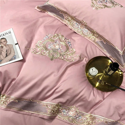 Pheliza Pink Petal Embroidered Egyptian Cotton Bedding Set