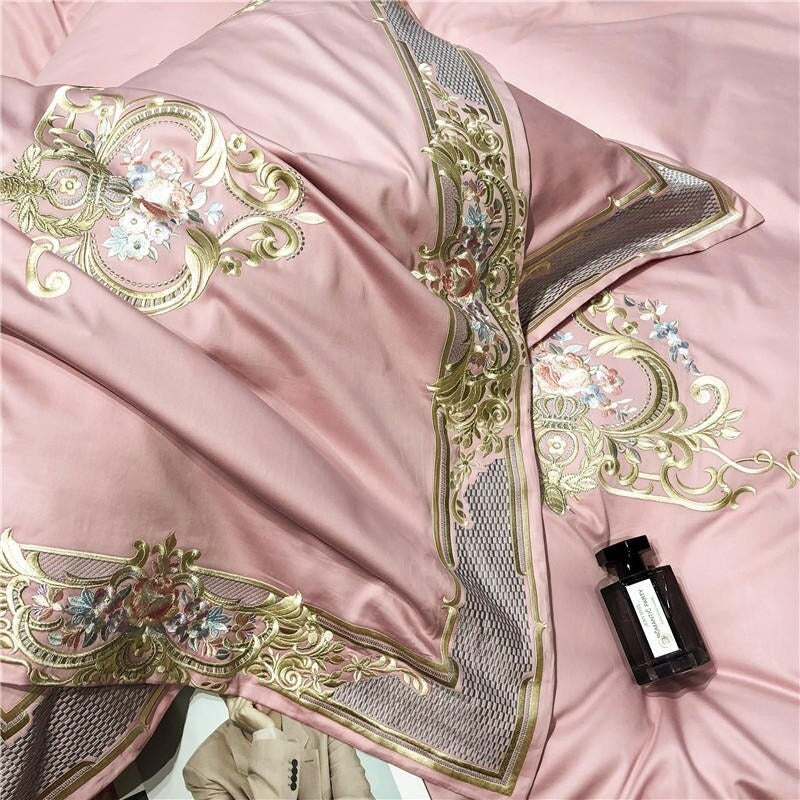 Pheliza Pink Petal Embroidered Egyptian Cotton Bedding Set
