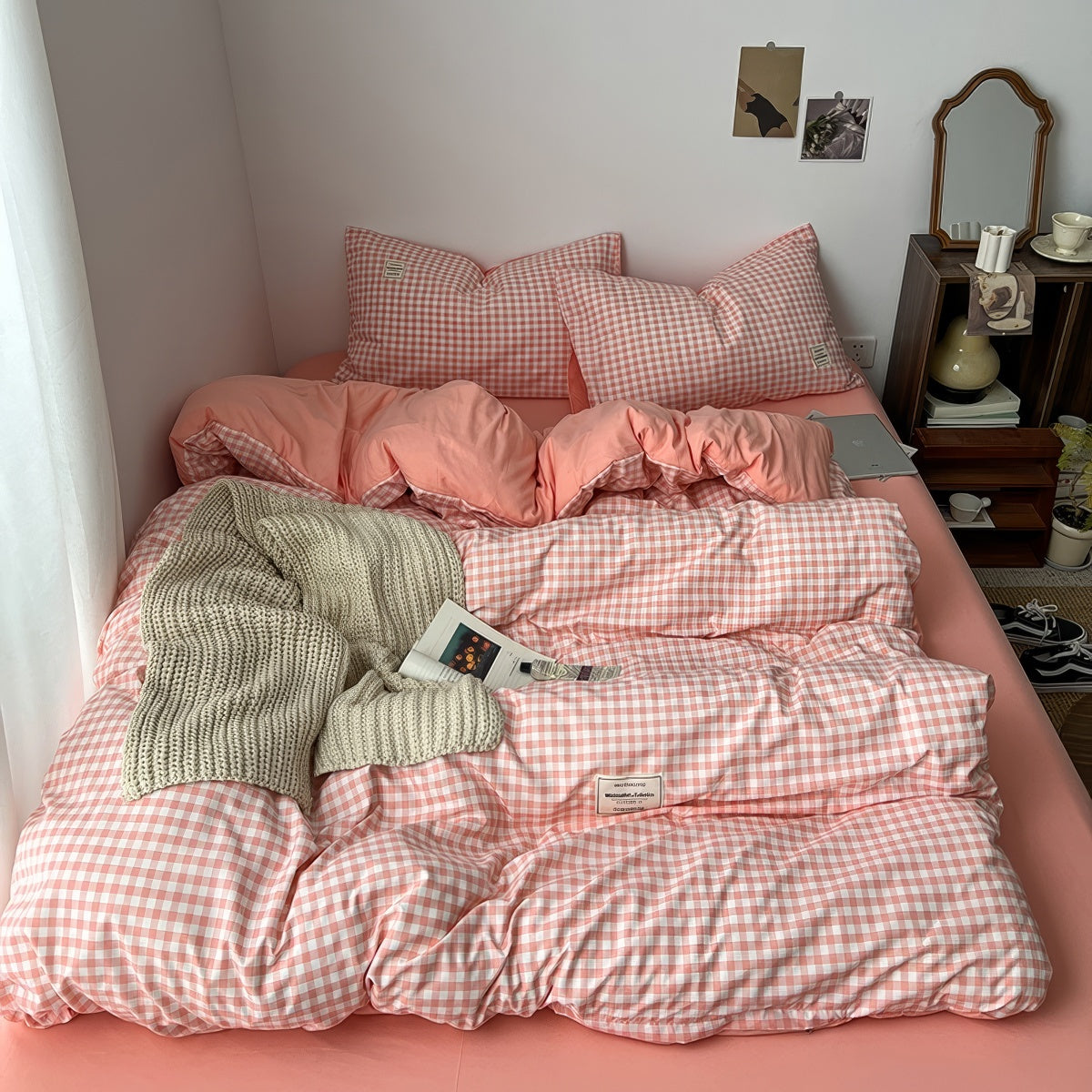 Peachy Pink Gingham Bedding Set