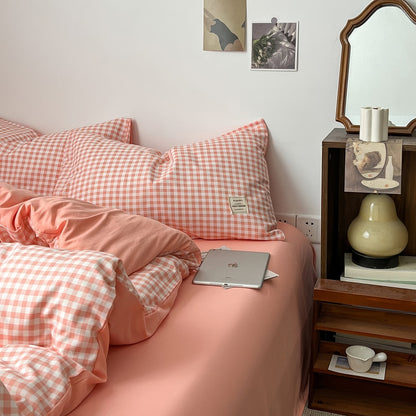 Peachy Pink Gingham Bedding Set