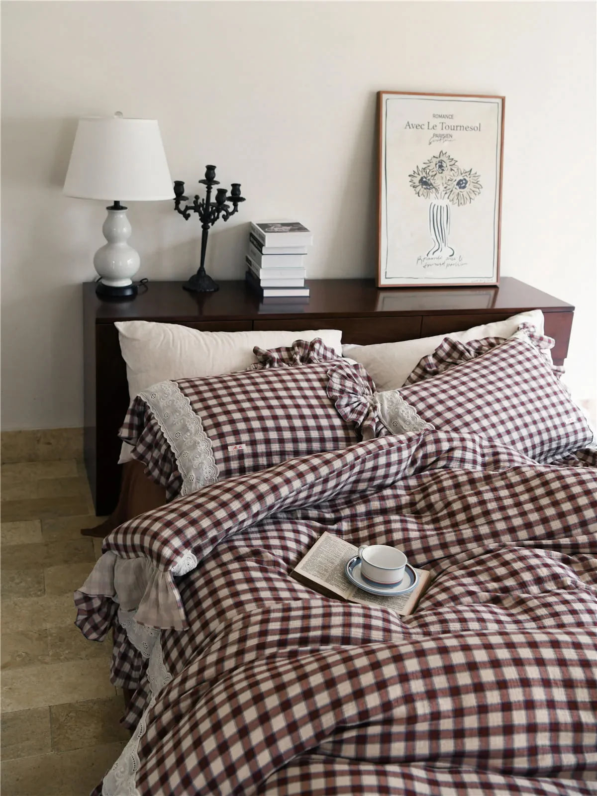 Lace Ruffle Gingham Washed Cotton Bedding Set
