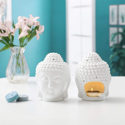 Comsaf Ceramic Buddha Head Essential Oil Burner with Candle Spoon White, Aromatherapy Wax Melt Burners Oil Diffuser Tealight Candle Holders Buddha Ornament for Yoga Spa Home Bedroom Decor Gift Candleholders Candles & Holders Home & Kitchen Home Décor Products Tea Light Holders