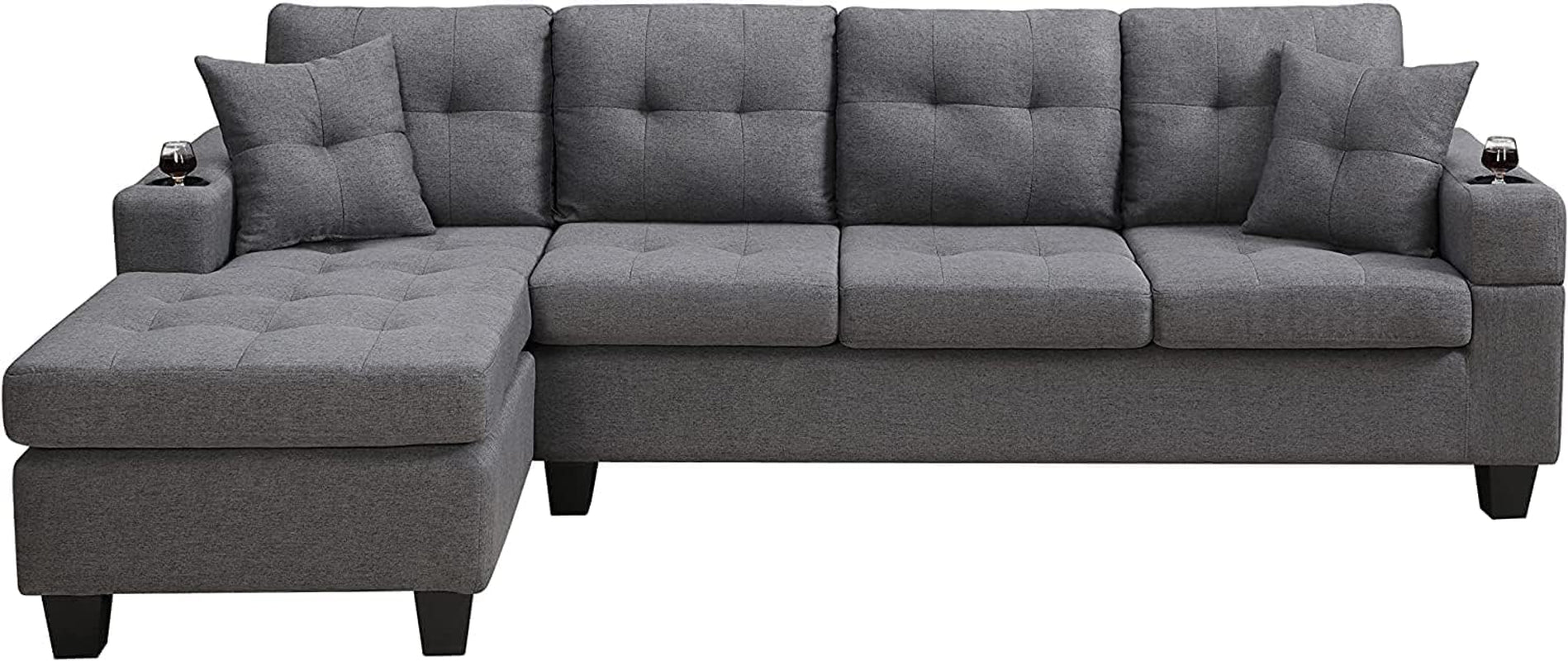 Gray Sectional Sofa with Reversible Left/Right Chaise Lounge and 2 Cup Holders, 4-Seat L-Shaped Couch for Home Apartment Living Room Compact Space Furniture Furniture Home & Kitchen Living Room Furniture Sofas & Couches