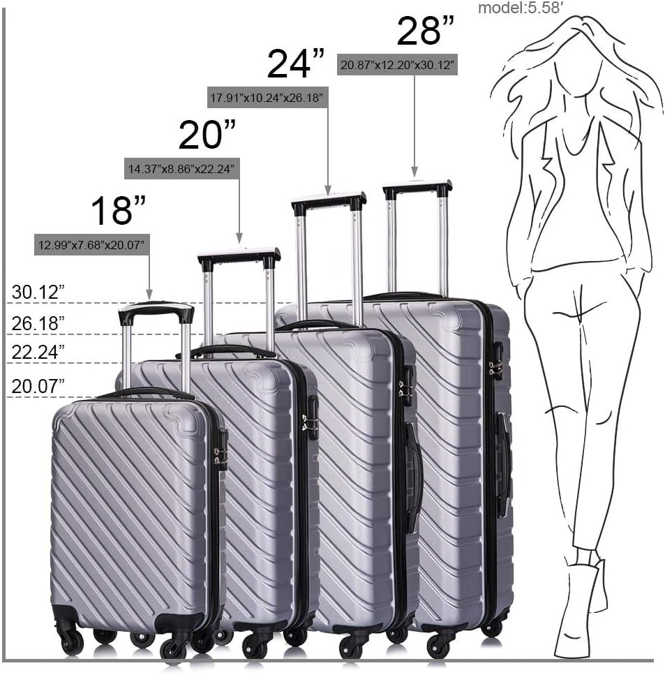 Apelila Hardshell Luggage ABS Luggages Sets with Spinner Wheels Hard Shell Spinner Carry on Suitcase(Silver, 4 PCS) Clothing Luggage Luggage & Travel Gear Luggage Sets Shoes & Jewelry