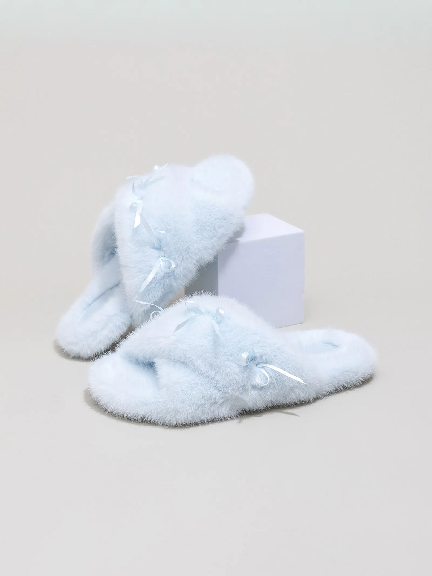 Fuzzy Bow-Knot Cross Band Plush House Slippers