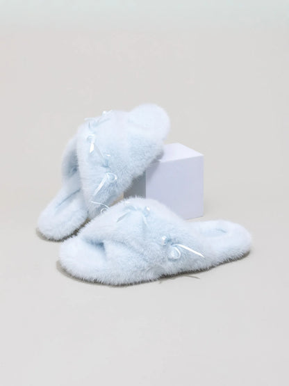 Fuzzy Bow-Knot Cross Band Plush House Slippers