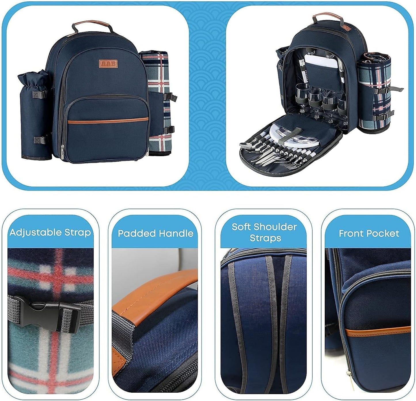 Picnic Backpack for 4 Person Set Portable Picnic Bag with Cooler Compartment, Detachable Bottle/Wine Holder, Fleece Blanket, Plates and Cutlery, Gifts for Family Camping (Navy Blue) Lawn & Garden Patio Patio Furniture & Accessories Picnic Backpacks Picnic Baskets Tables & Accessories