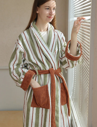 Plush Sage Striped Long-Staple Cotton Robe