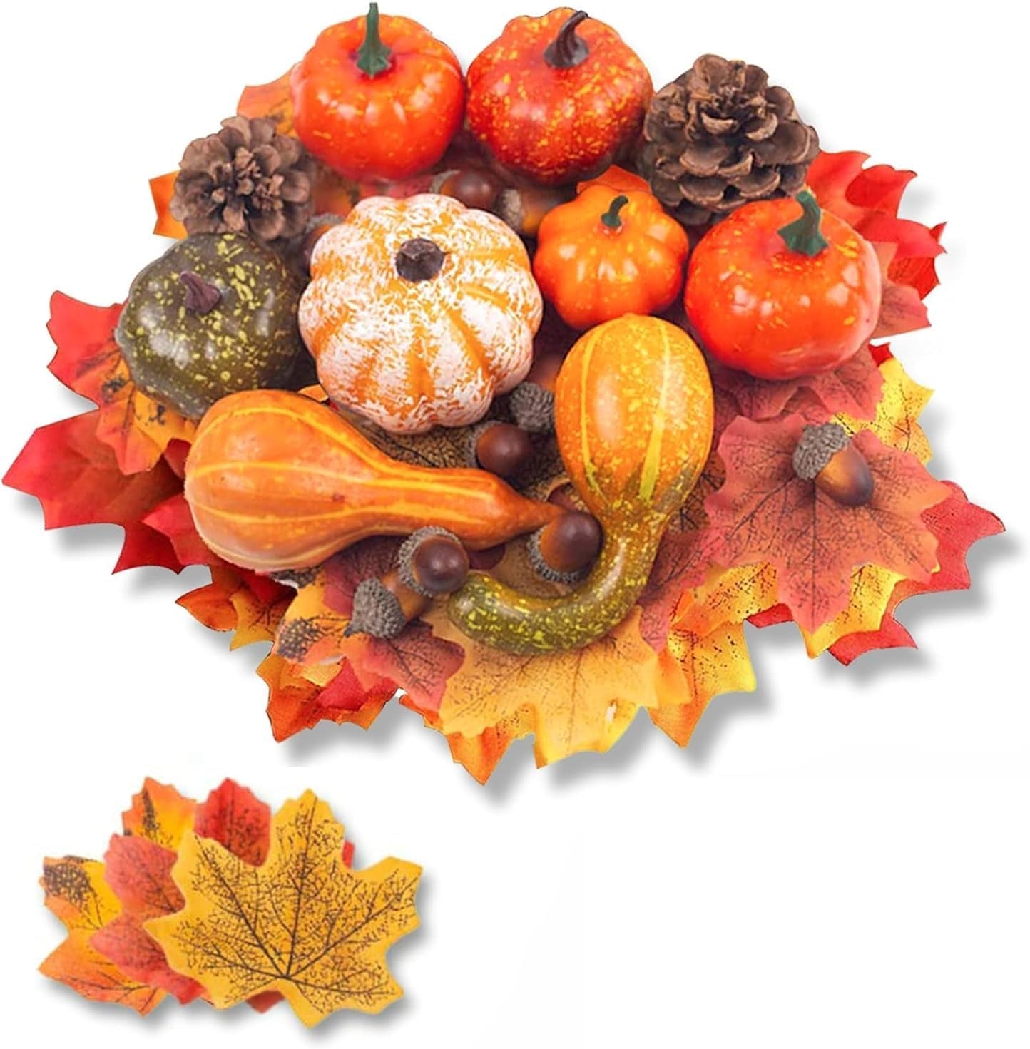 Domestar 50 PCS Thanksgiving Artificial Pumpkins and Gourds Set, 8 PCS Fake Pumpkins, 12 PCS Pinecones and Acorns, 30 PCS Fake Maple Leaves Fall Wedding Tables Centerpieces Artificial Plants & Flowers Artificial Vegetables Home & Kitchen Home Décor Products