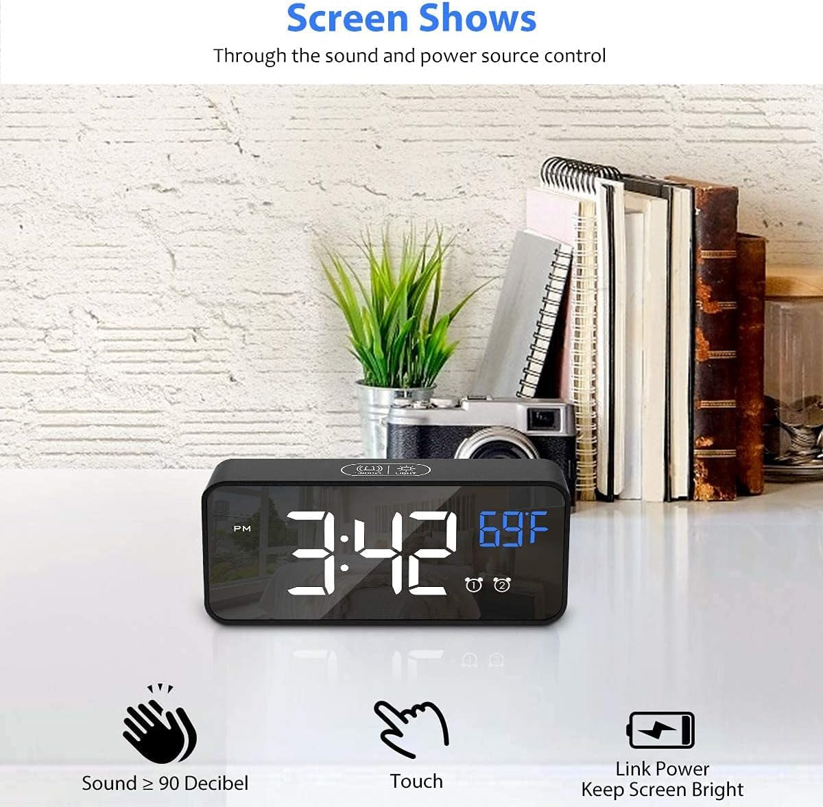 Digital Alarm Clock for Bedroom, Heavy Sleepers, LED Large Number Mirror Display with USB Charger, Loud Dual Alarm Clock with Snooze, Easy to Set, Adjustable Brightness