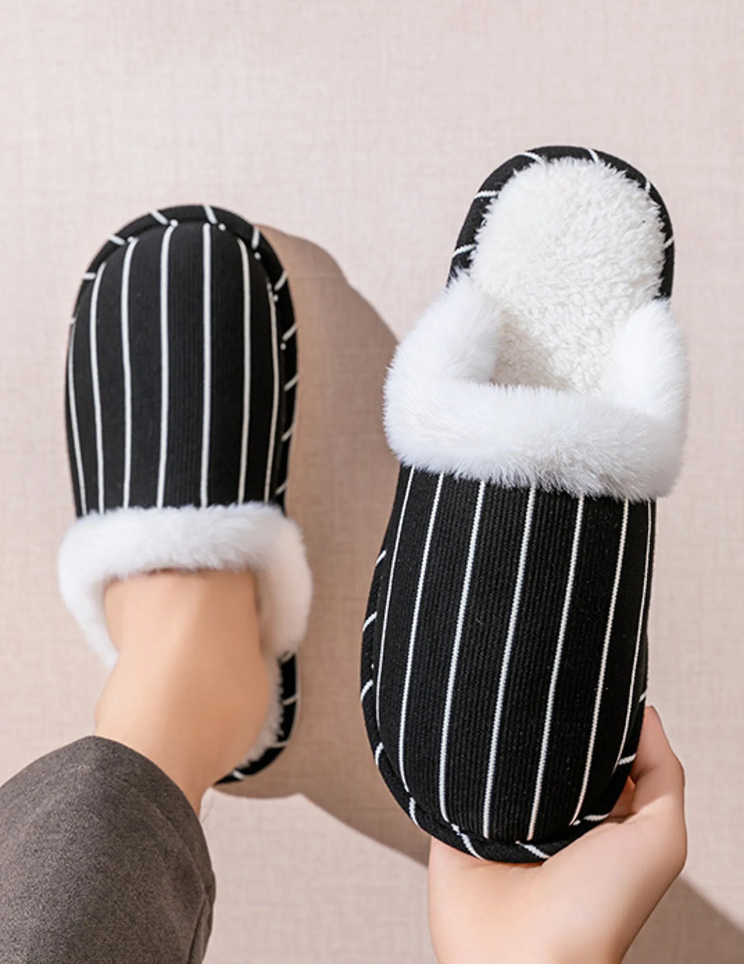 Plush Corduroy Striped Cotton House Slippers