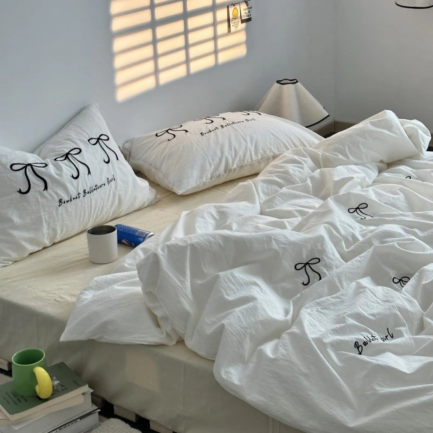 Textured Embroidered Bowknot Washed Cotton Bedding Set