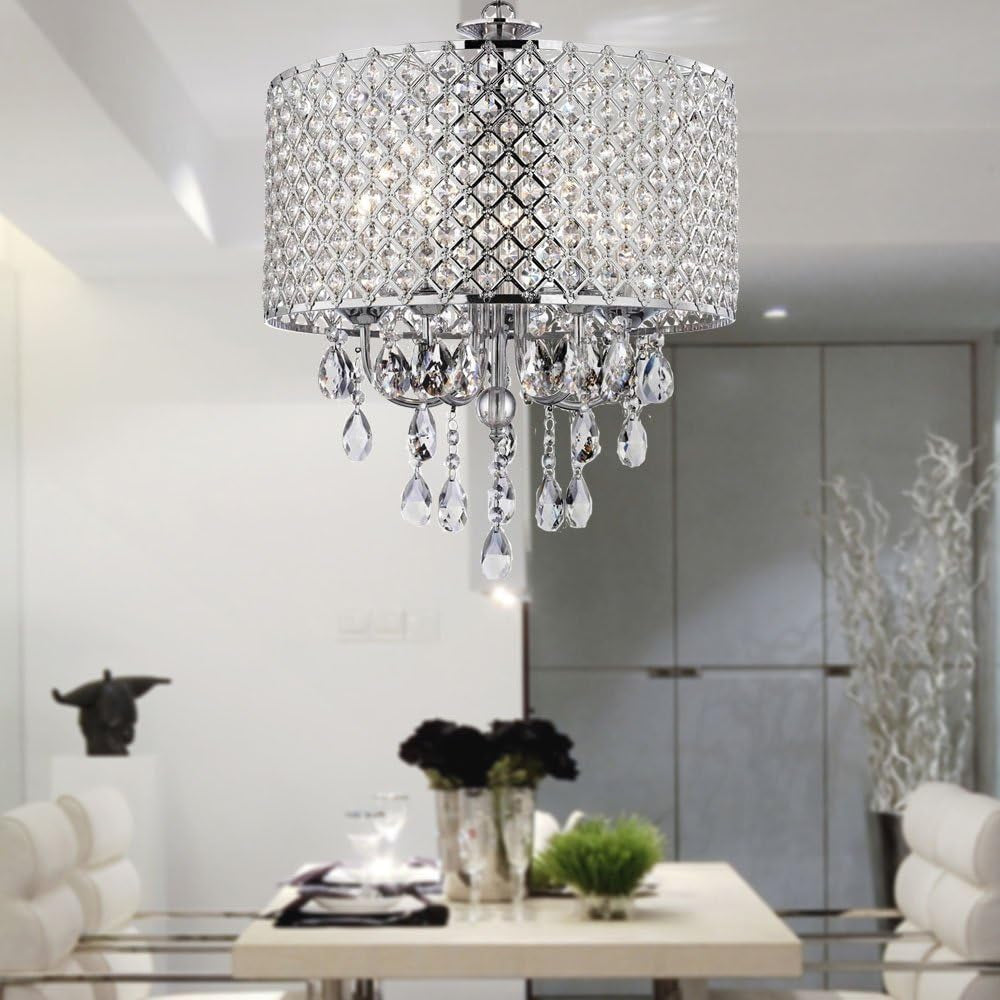 Chrome Finish 4-Light round Chandelier, Drum Crystal Chandelier,Glam Bedroom Ceiling Chandelier Light Fixture, Flush Mounted Crystal Pendant Light Ceiling Lights Chandeliers Lighting & Ceiling Fans Tools & Home Improvement