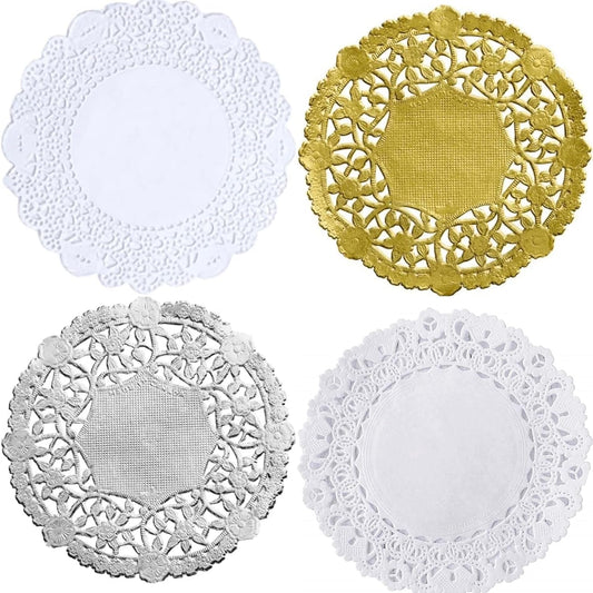 The Baker Celebrations Combo Pack 4 Inch round round Doilies – White Paper Lace and Metallic Silver Gold Foil (Pack of 100) Disposable Table Covers Doilies Home & Kitchen Kitchen & Dining Kitchen & Table Linens