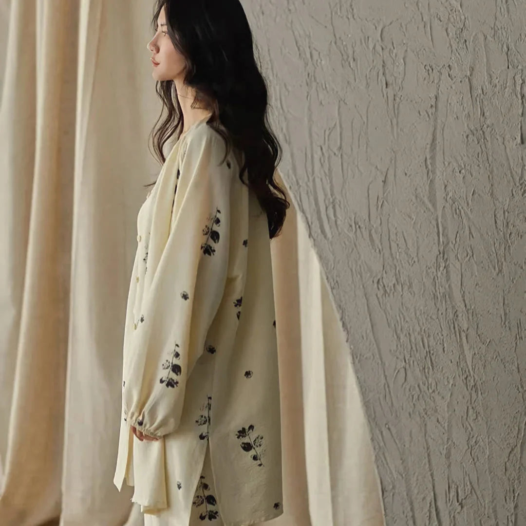 Lightweight Textured Botanical Print Cotton Pajama Set