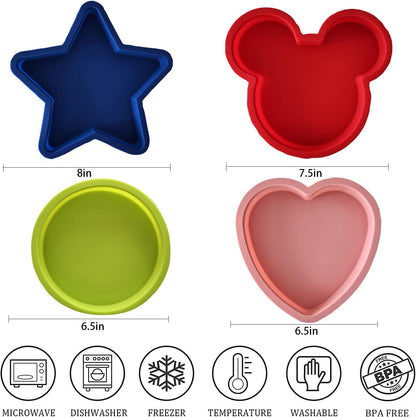 Silicone Cake Pans Baking Bakeware Molds, Shape of Round, Heart, Star and Mickey Head (6In, 4Pcs)