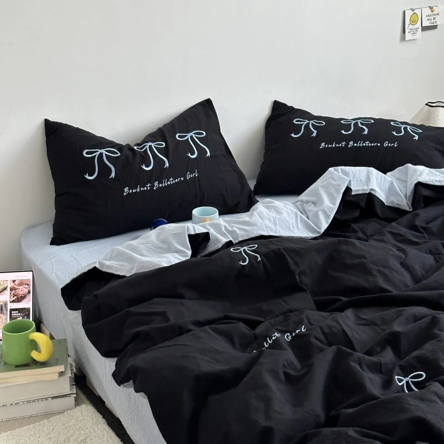 Textured Embroidered Bowknot Washed Cotton Bedding Set
