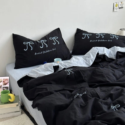 Textured Embroidered Bowknot Washed Cotton Bedding Set