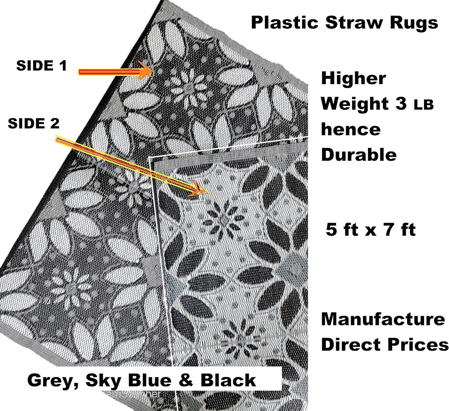 Balajeesusa Outdoor Rug - 5X7 Sky Blue, Black, Grey, Reversible Recycled Plastic Straw Outdoor Patio Rugs Clearance Waterproof Large RV Camper Rug 287 Lawn & Garden Outdoor Décor Outdoor Rugs Patio