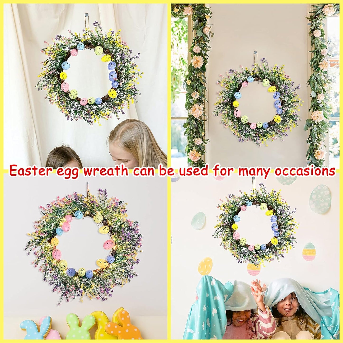 Easter Eggs Decorations Wreath - Spring Artificial Flowers Decor for the Home/Door/Front Porch, Gifts, with Led-Light String (Batteries Not Included) Home & Kitchen Home Décor Accents Home Décor Products Wreaths