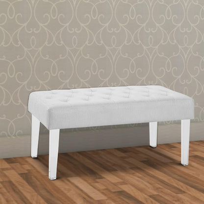 Benjara Tufted Fabric Upholstered Bench with Acrylic Legs, White and Clear Dining Room Furniture Furniture Home & Kitchen Table Benches