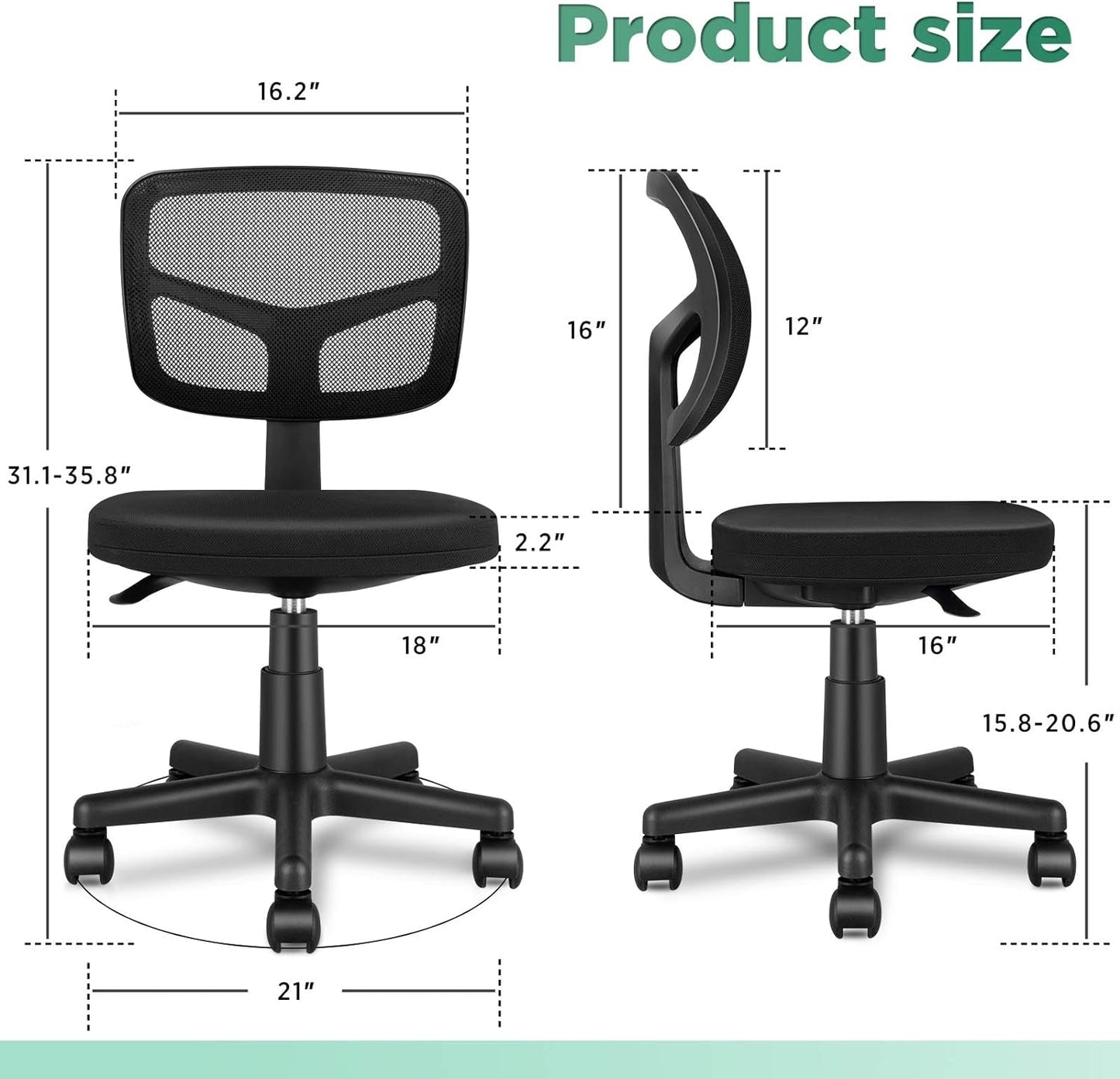 Armless Task Office Chair, Small Desk Chair with Mesh Lumbar Support,Ergonomic Computer Chair No Arms,Adjustable Swivel Home Office Chair for Small Spaces,Easy Assembly,Mid Back,No Armrest Furniture Home & Kitchen Home Office Chairs Home Office Desk Chairs Home Office Furniture