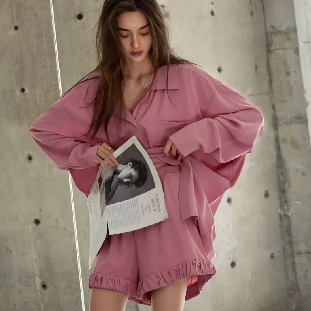 Soft Ruffle Hem Cotton Pajama Set