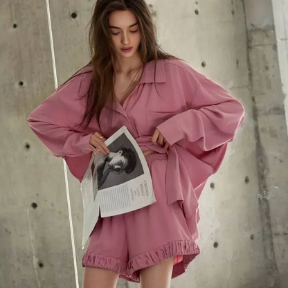 Soft Ruffle Hem Cotton Pajama Set