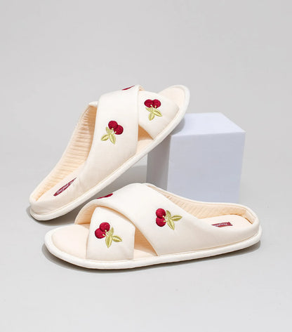 Soft Embroidered Cherry Plush House Slippers